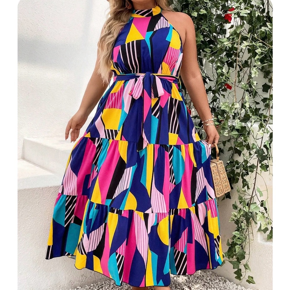 Colorful Geometric Halter Maxi Dress